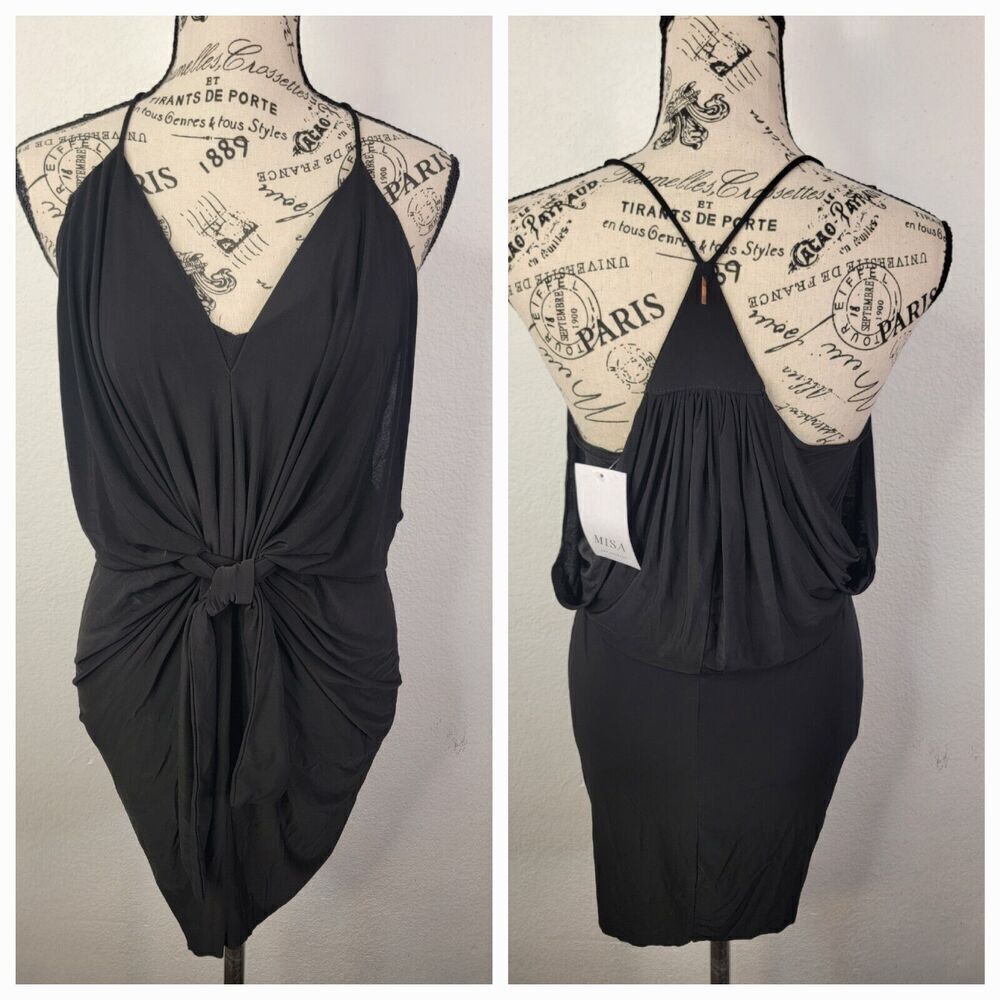 MISA Mini Dress Small Black Jersey Domino Knot Front Mermaid Hem HOCO Short